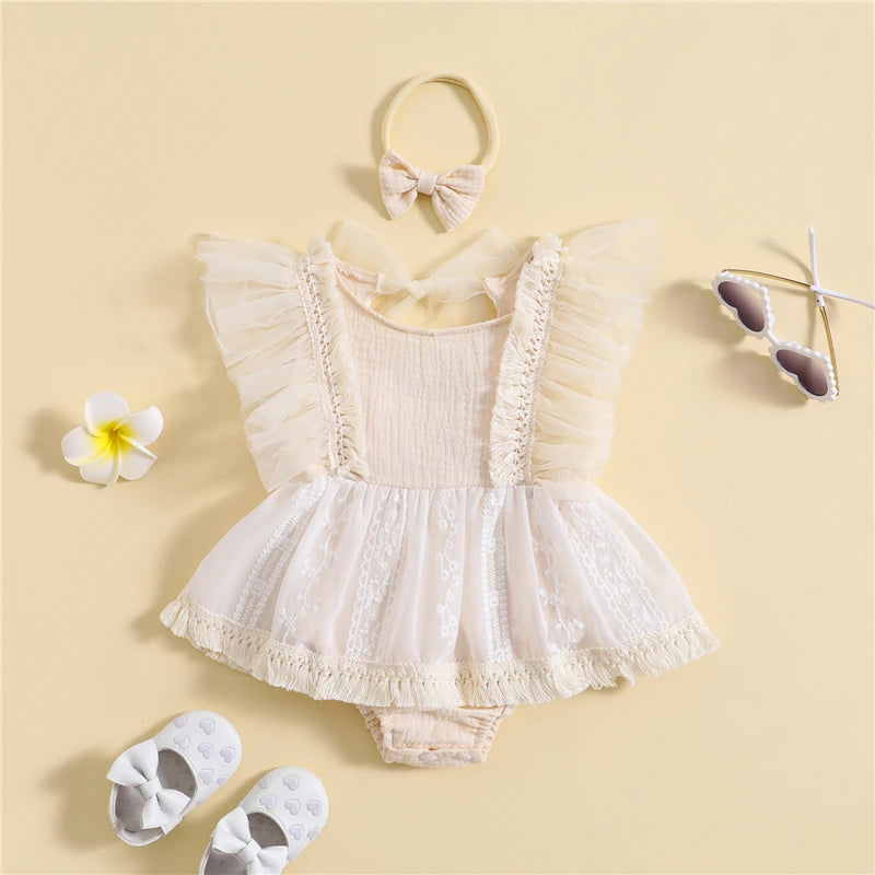 KMK - Flower Embroidery Romper with Butterfly Wings + Headband