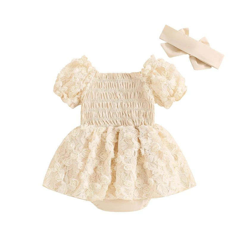 KMK - Flower Lace Short Sleeve Romper Dress + Headband