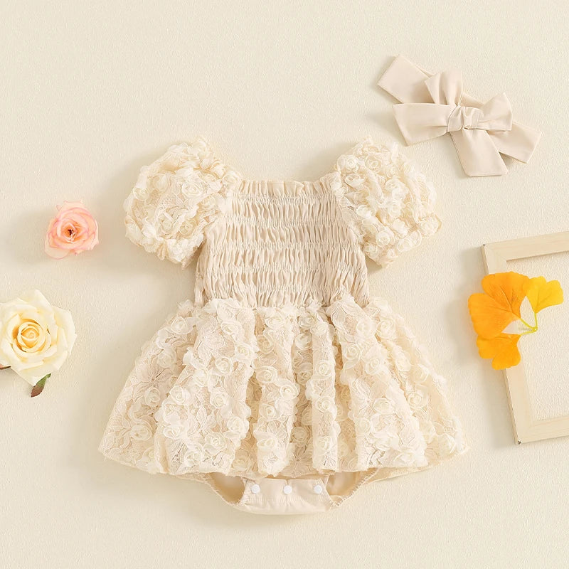 KMK - Flower Lace Short Sleeve Romper Dress + Headband