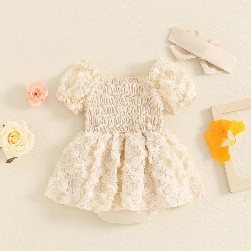 KMK - Flower Lace Short Sleeve Romper Dress + Headband