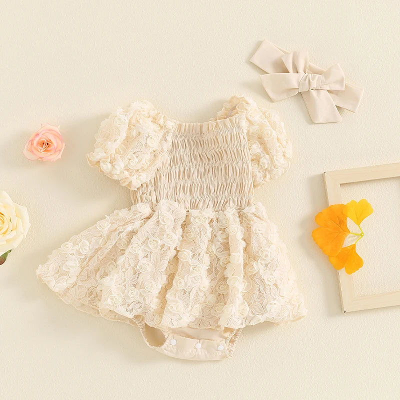 KMK - Flower Lace Short Sleeve Romper Dress + Headband