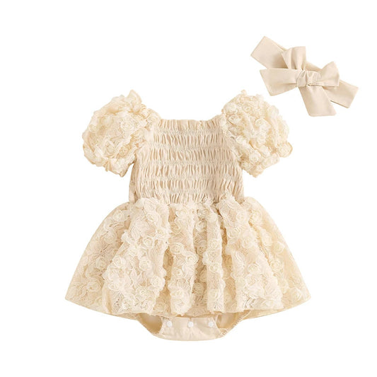 KMK - Flower Lace Short Sleeve Romper Dress + Headband