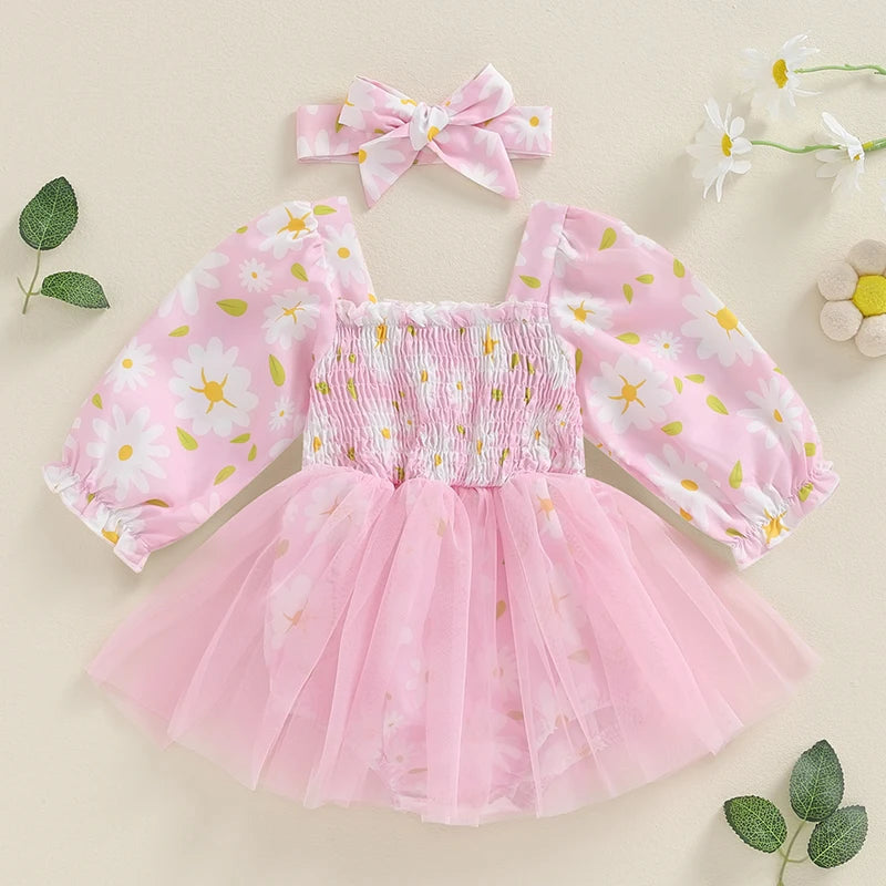 KMK - Flower Print Shirred Long Sleeve Mesh Tutu Romper + Headband