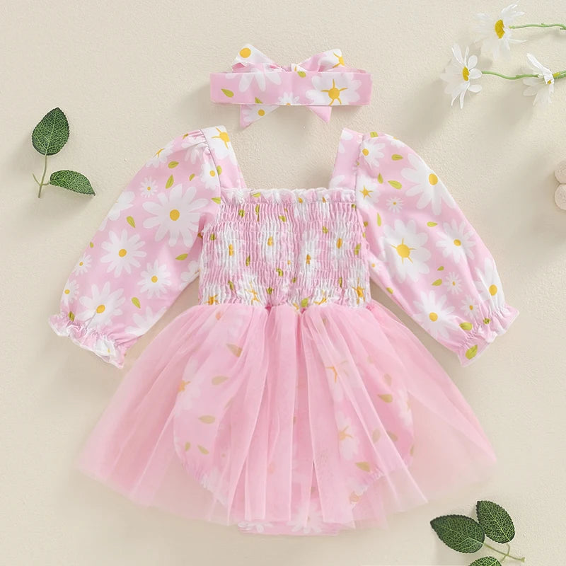 KMK - Flower Print Shirred Long Sleeve Mesh Tutu Romper + Headband