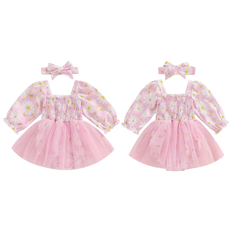 KMK - Flower Print Shirred Long Sleeve Mesh Tutu Romper + Headband