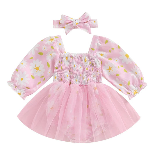 KMK - Flower Print Shirred Long Sleeve Mesh Tutu Romper + Headband