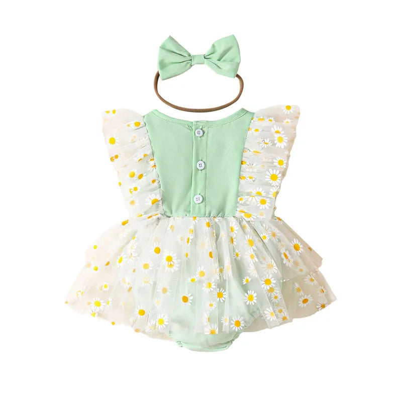 KMK - Flower Print Tulle Romper Dress + Headband