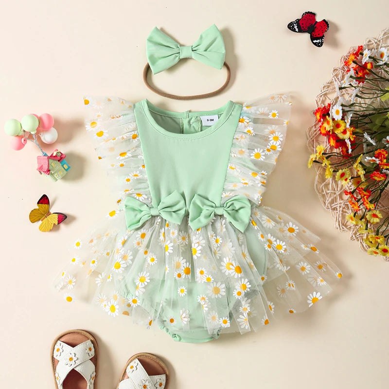 KMK - Flower Print Tulle Romper Dress + Headband