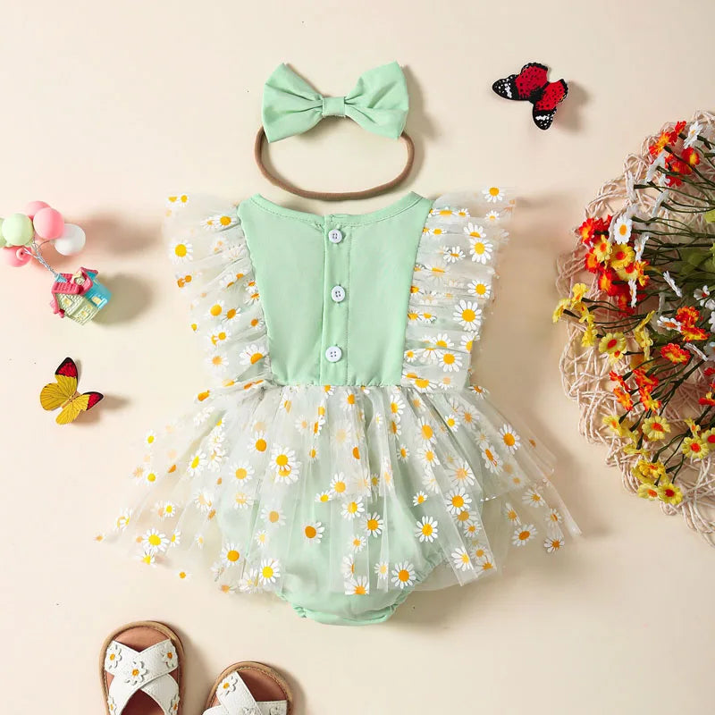 KMK - Flower Print Tulle Romper Dress + Headband