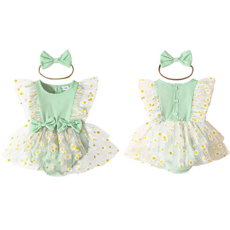 KMK - Flower Print Tulle Romper Dress + Headband