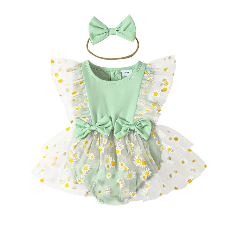 KMK - Flower Print Tulle Romper Dress + Headband