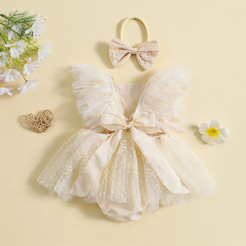 KMK - Flowers Embroidery Tulle Romper Dress + Headband