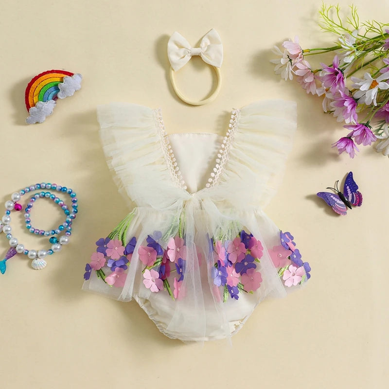 KMK - Flowers Embroidery Tulle Romper Dress + Headband