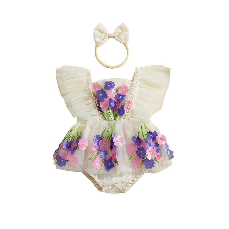 KMK - Flowers Embroidery Tulle Romper Dress + Headband