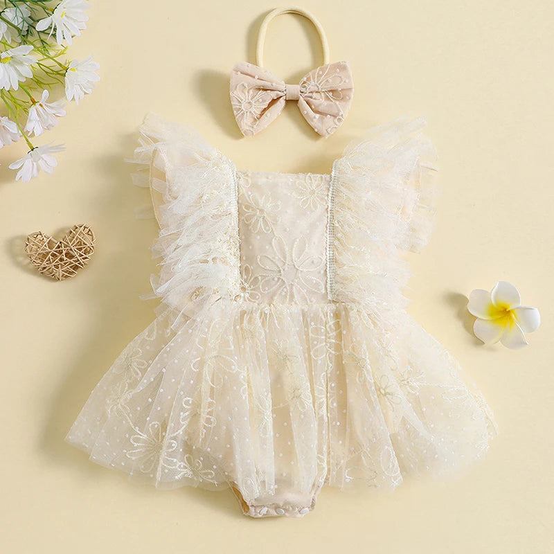 KMK - Flowers Embroidery Tulle Romper Dress + Headband