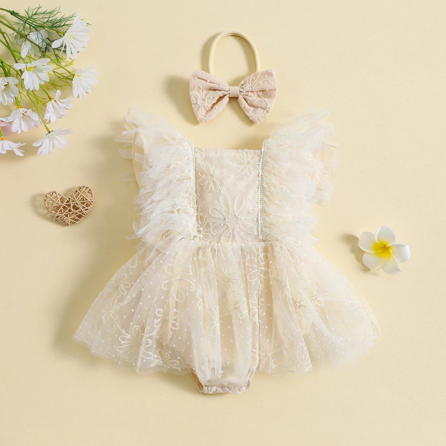 KMK - Flowers Embroidery Tulle Romper Dress + Headband