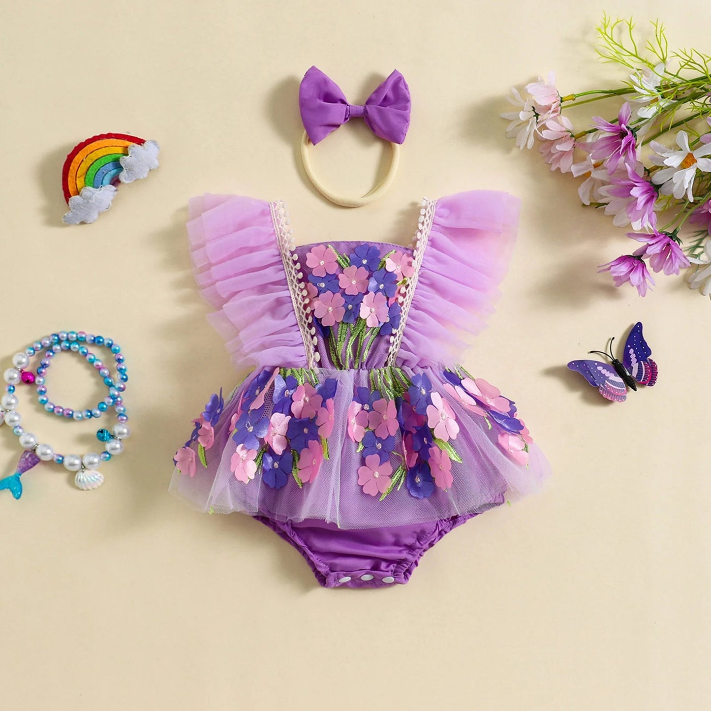 KMK - Flowers Embroidery Tulle Romper Dress + Headband