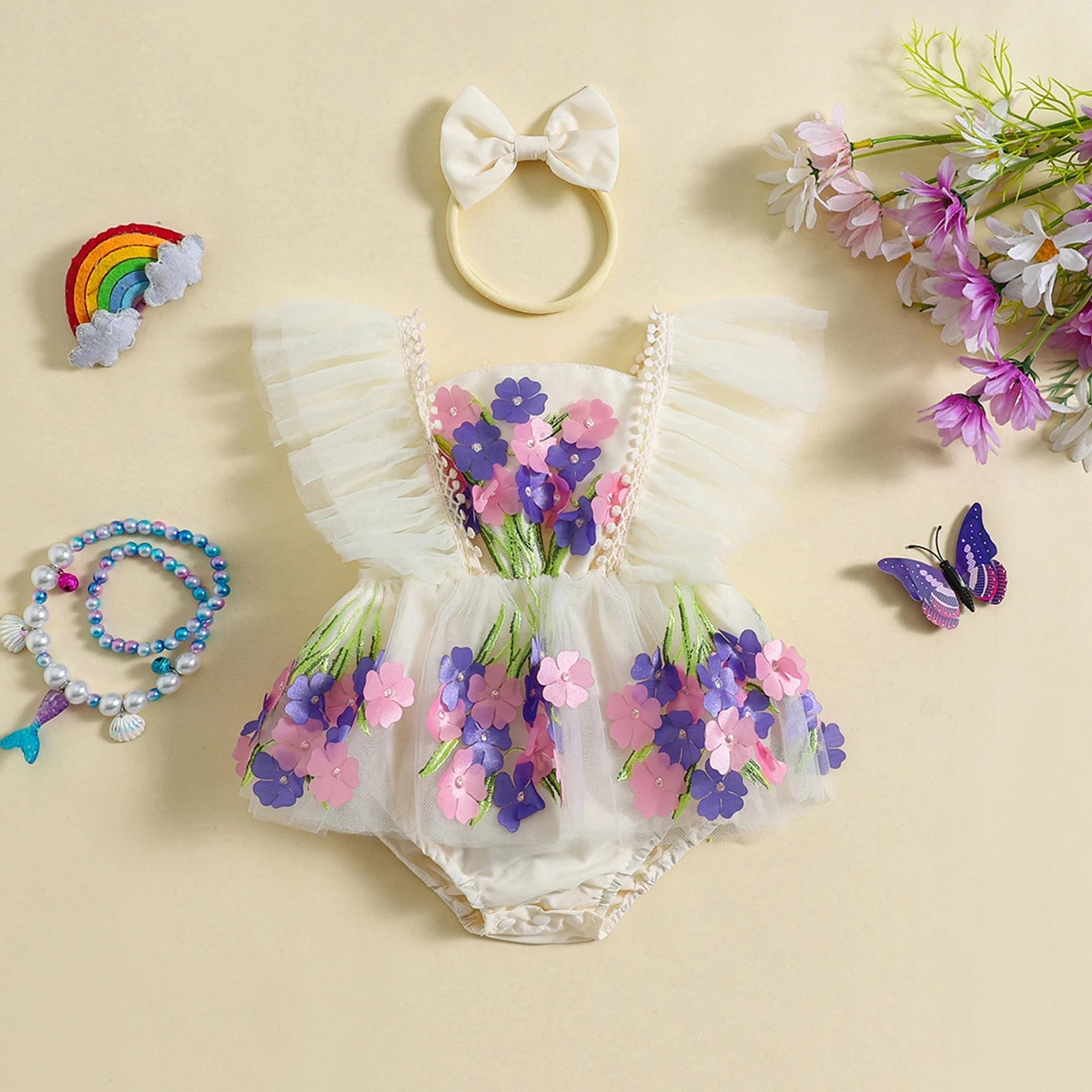 KMK - Flowers Embroidery Tulle Romper Dress + Headband