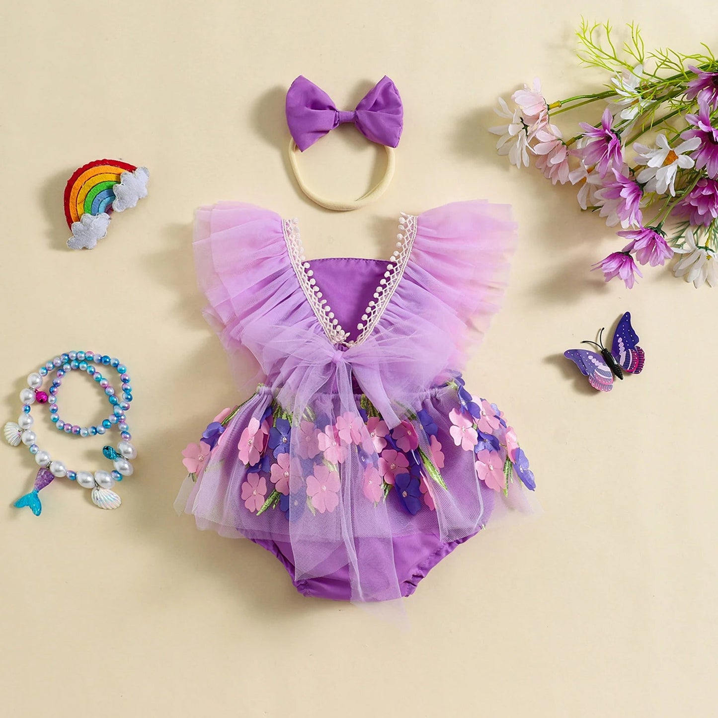 KMK - Flowers Embroidery Tulle Romper Dress + Headband