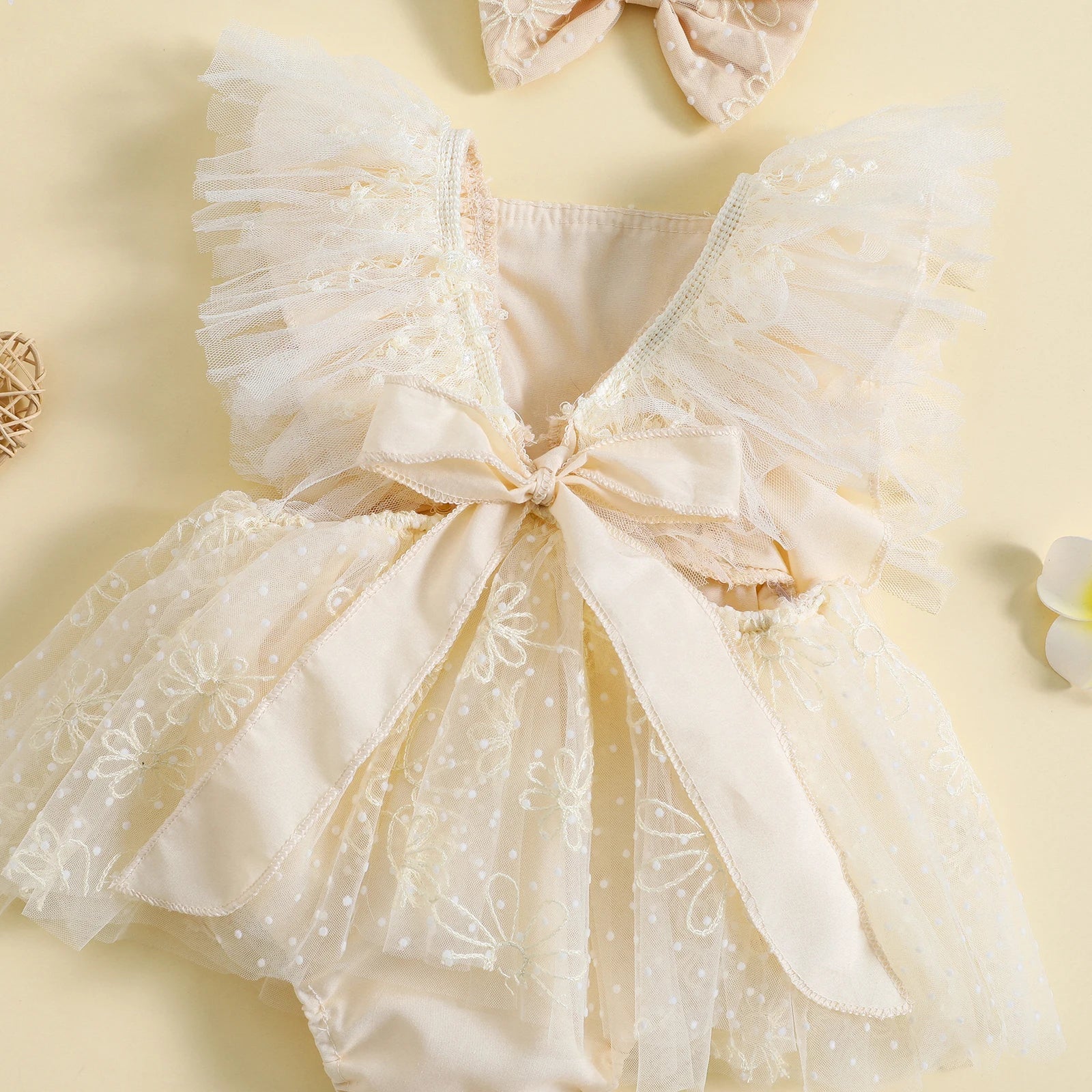 KMK - Flowers Embroidery Tulle Romper Dress + Headband