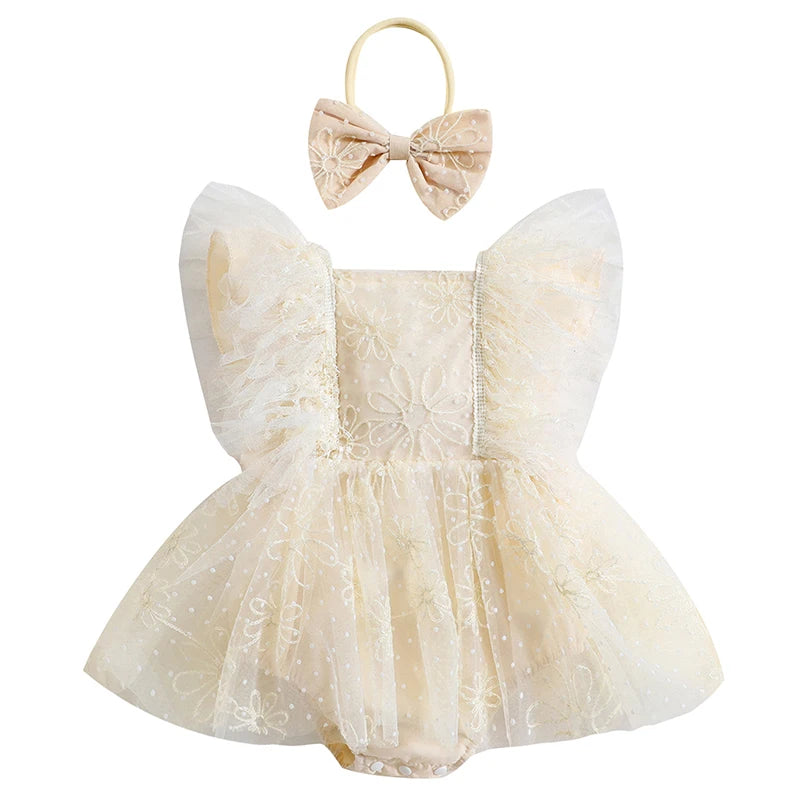 KMK - Flowers Embroidery Tulle Romper Dress + Headband