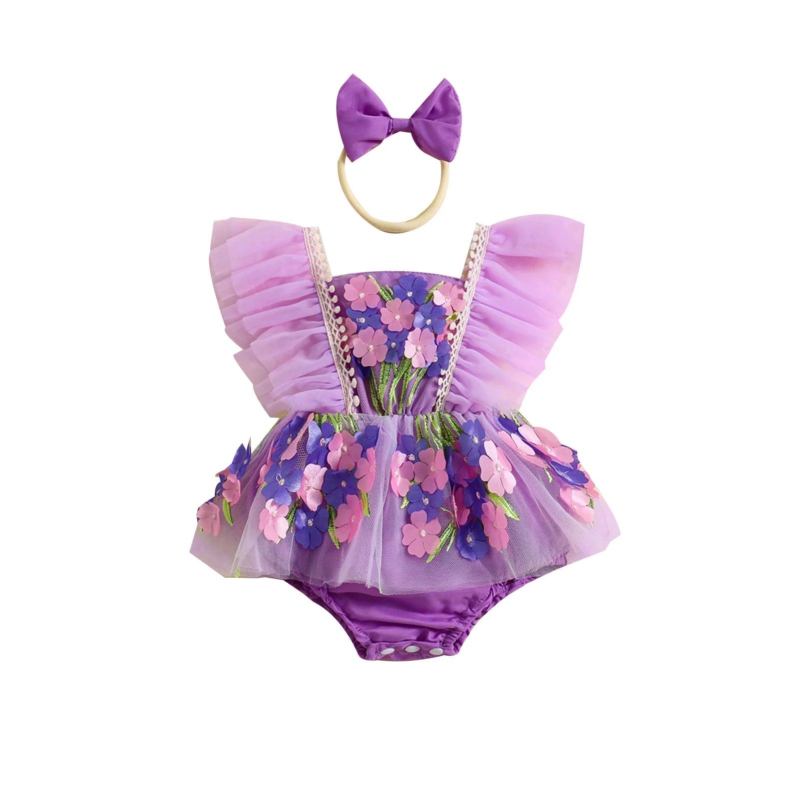 KMK - Flowers Embroidery Tulle Romper Dress + Headband