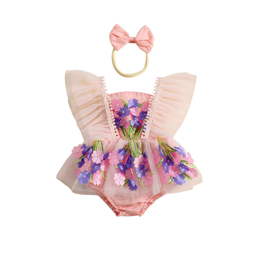 KMK - Flowers Embroidery Tulle Romper Dress + Headband