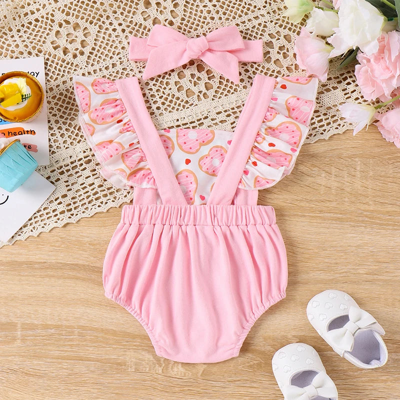 KMK - Flying Sleeve Donut Print Romper + Headband