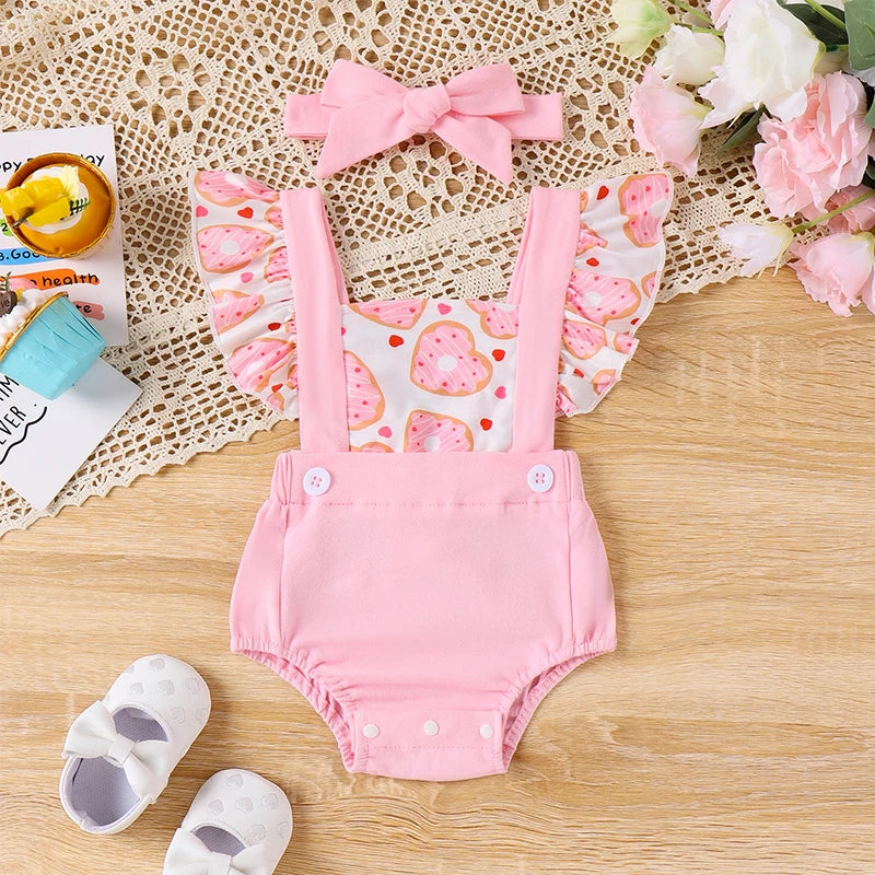 KMK - Flying Sleeve Donut Print Romper + Headband