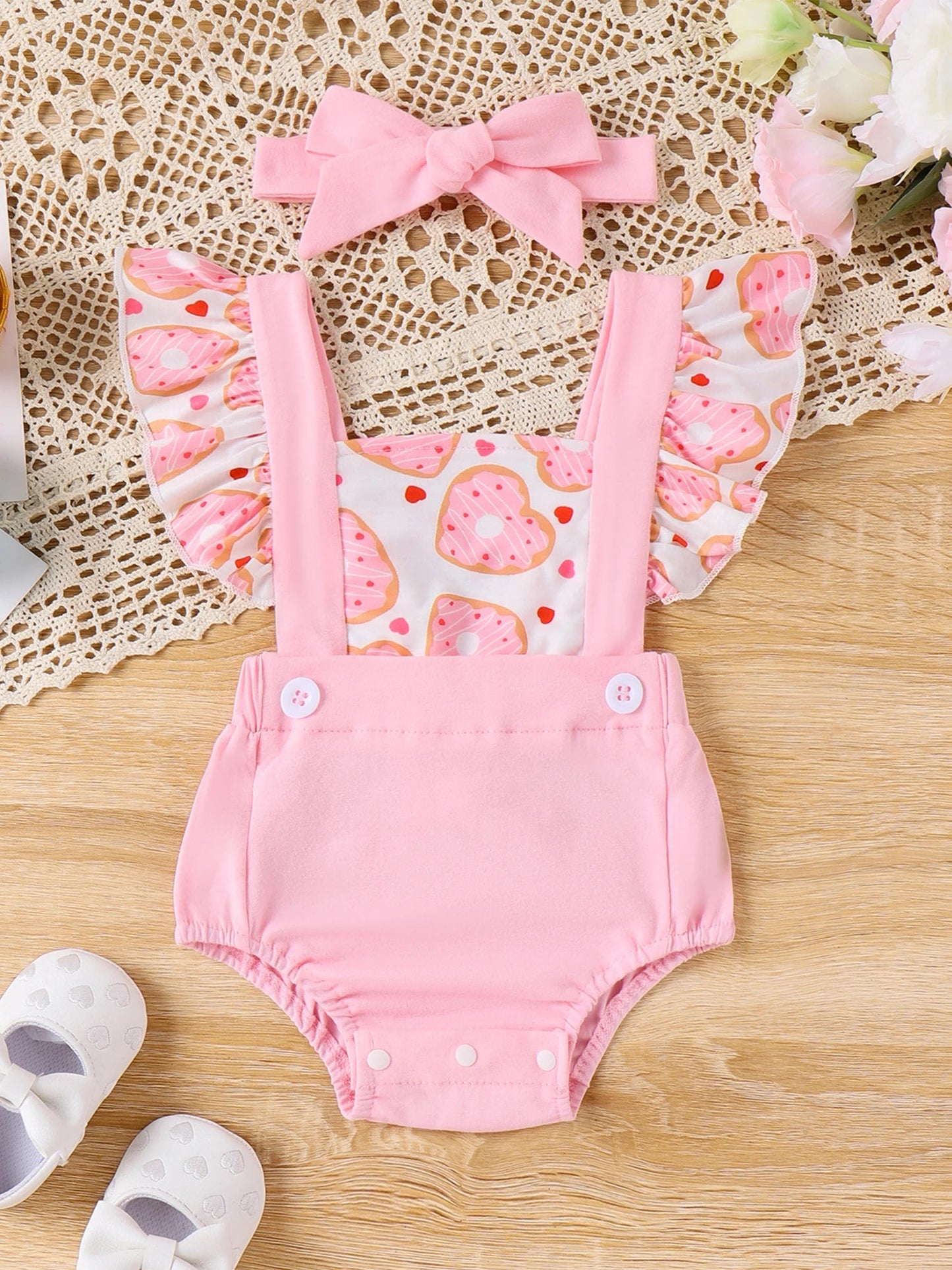 KMK - Flying Sleeve Donut Print Romper + Headband