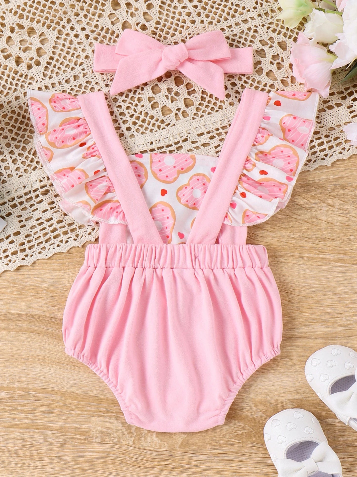 KMK - Flying Sleeve Donut Print Romper + Headband