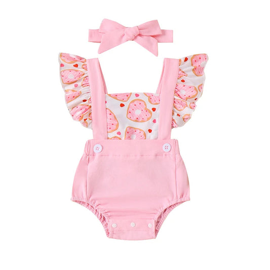 KMK - Flying Sleeve Donut Print Romper + Headband