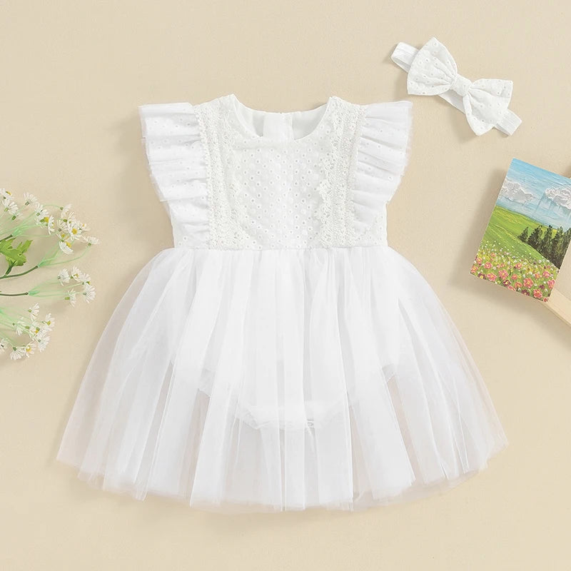 KMK - Flying Sleeve Tulle Romper Dress + Headband