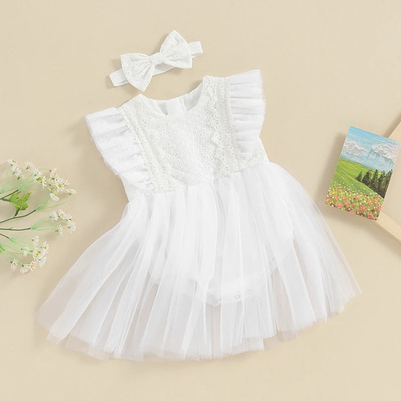 KMK - Flying Sleeve Tulle Romper Dress + Headband