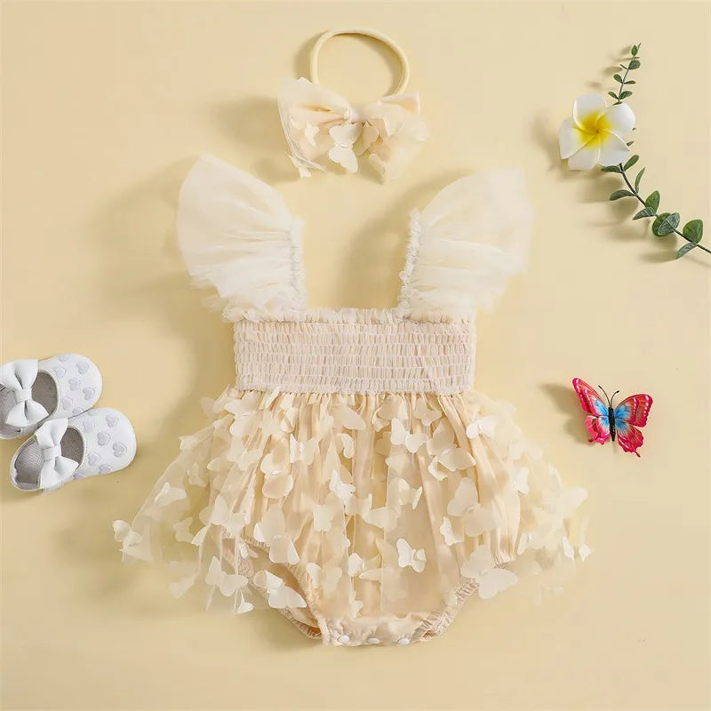 KMK - Girls Butterfly Tulle Romper + Headband Set