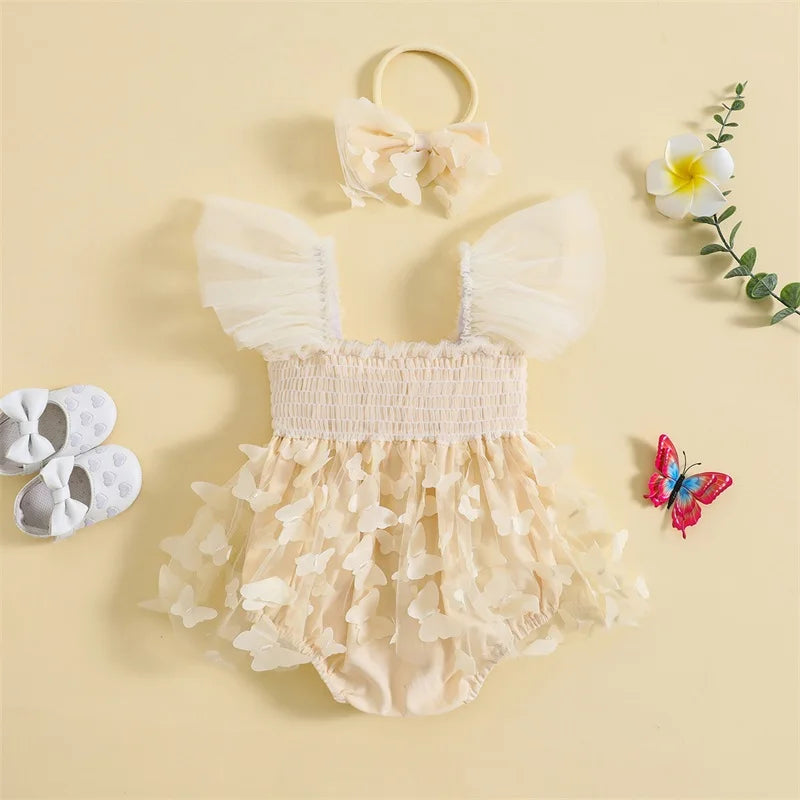 KMK - Girls Butterfly Tulle Romper + Headband Set