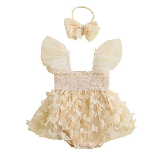 KMK - Girls Butterfly Tulle Romper + Headband Set