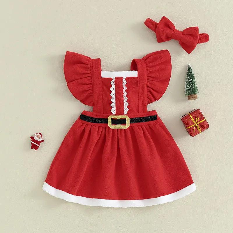 KMK - Girls Christmas Dress Ruffle Sleeve Belt Front Dress + Headband