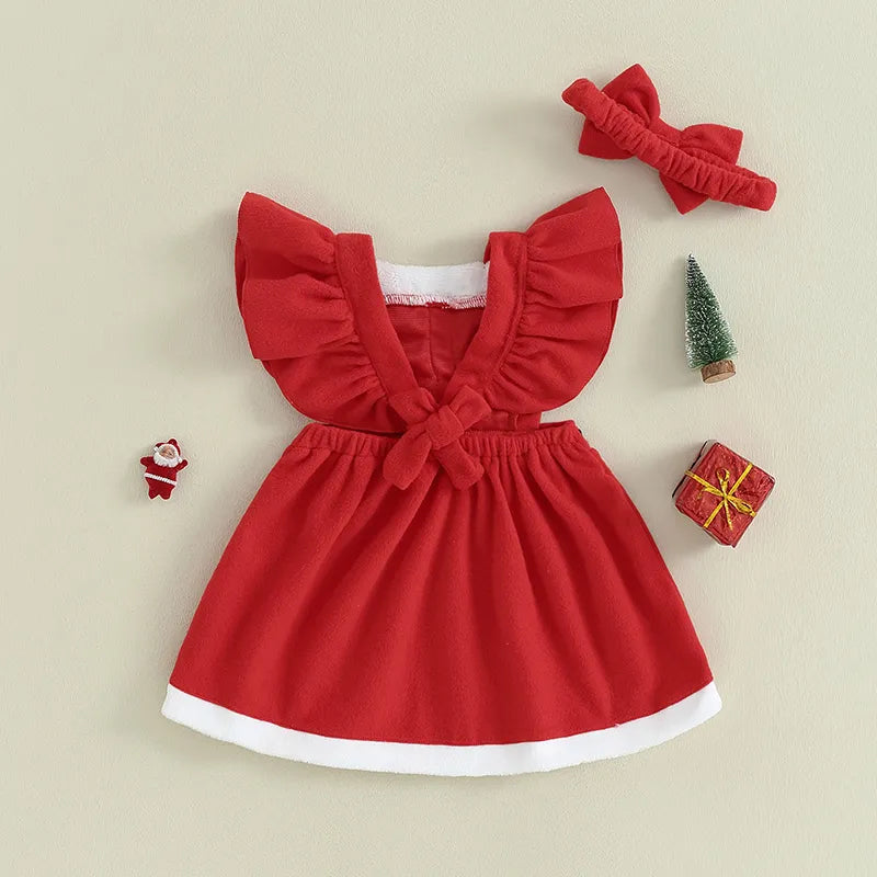 KMK - Girls Christmas Dress Ruffle Sleeve Belt Front Dress + Headband