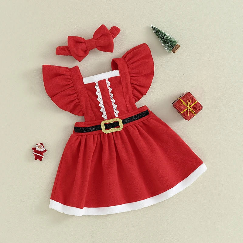 KMK - Girls Christmas Dress Ruffle Sleeve Belt Front Dress + Headband