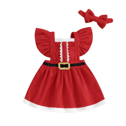 KMK - Girls Christmas Dress Ruffle Sleeve Belt Front Dress + Headband