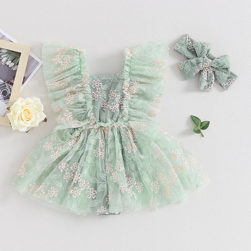 KMK - Girls Elegant Floral Embroidery Blue Lace Dress + Headband set