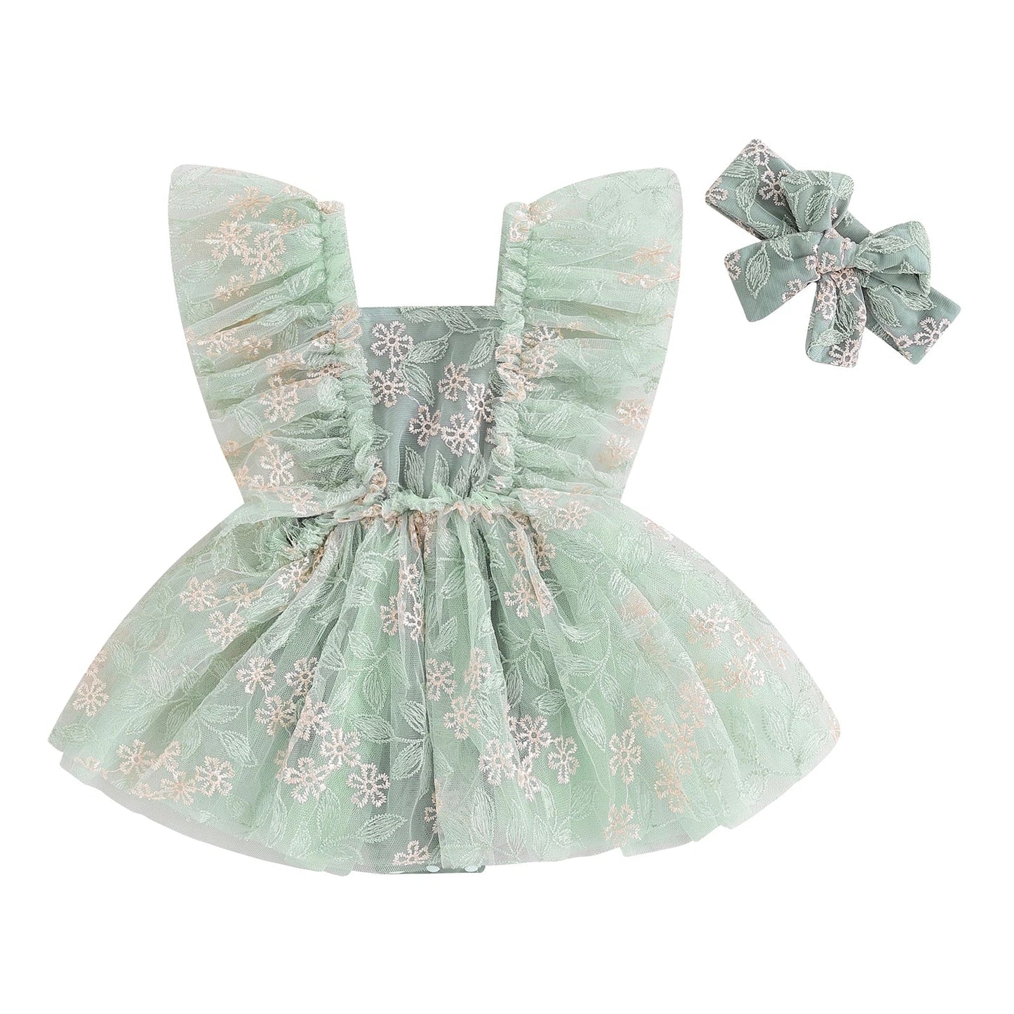 KMK - Girls Elegant Floral Embroidery Blue Lace Dress + Headband set