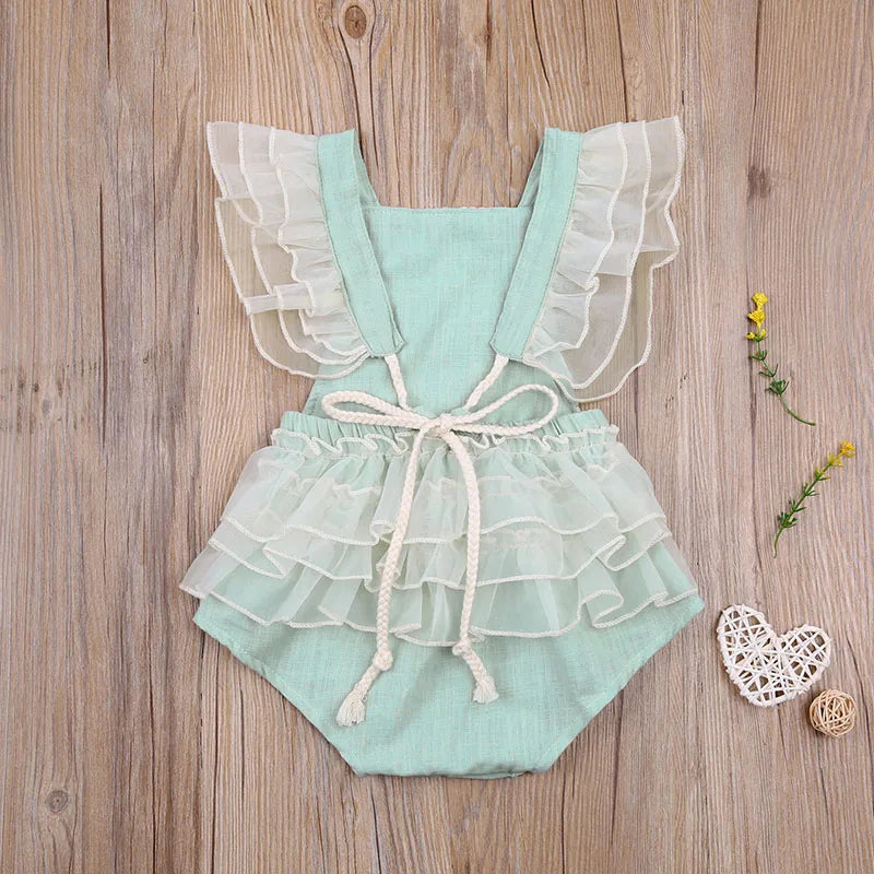 KMK - Girls Lace Embroidery Pearl Romper