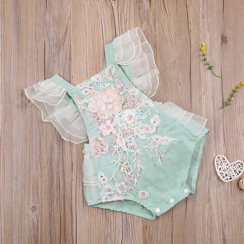 KMK - Girls Lace Embroidery Pearl Romper