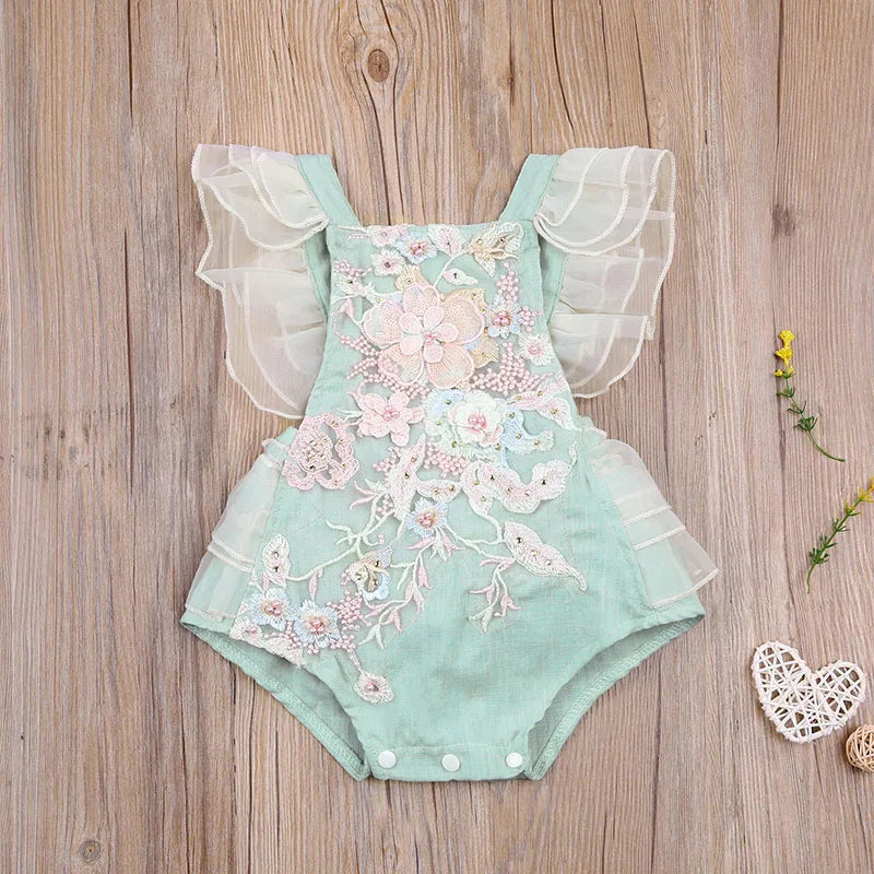 KMK - Girls Lace Embroidery Pearl Romper