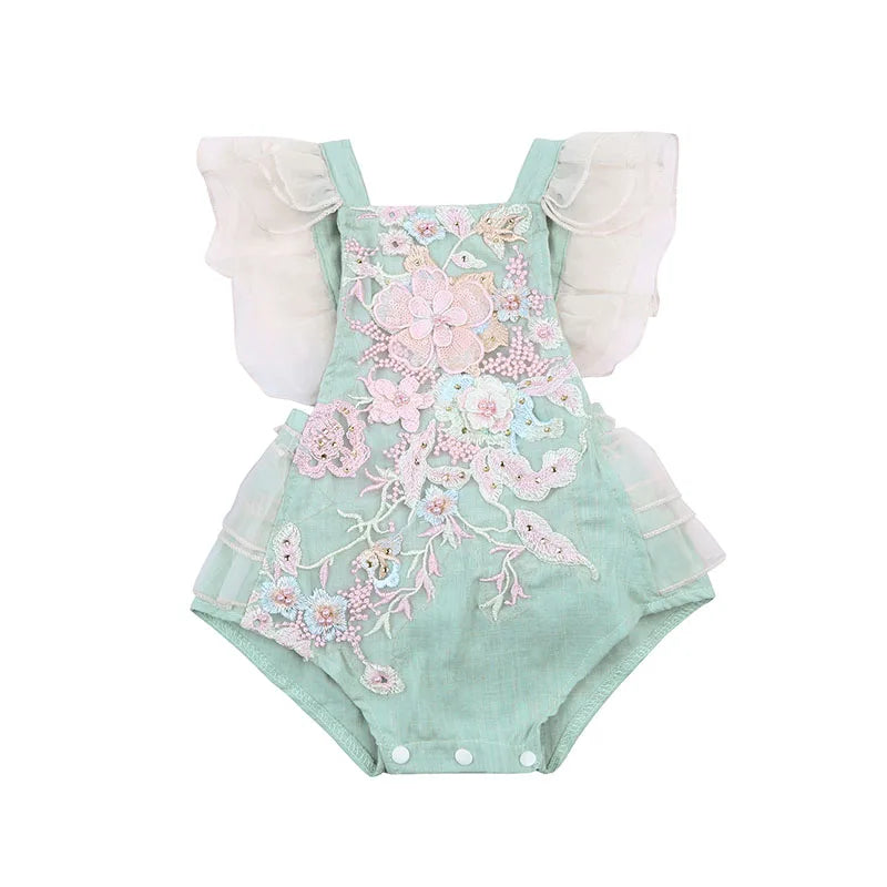 KMK - Girls Lace Embroidery Pearl Romper