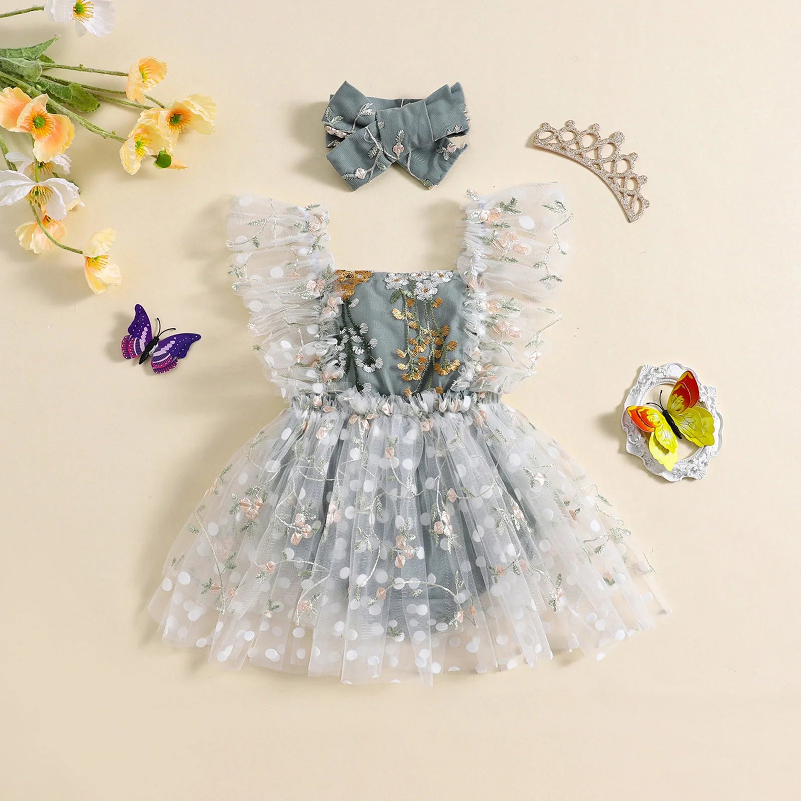 KMK - Grey Lace Floral Ruffle Embroidery Romper + Headband