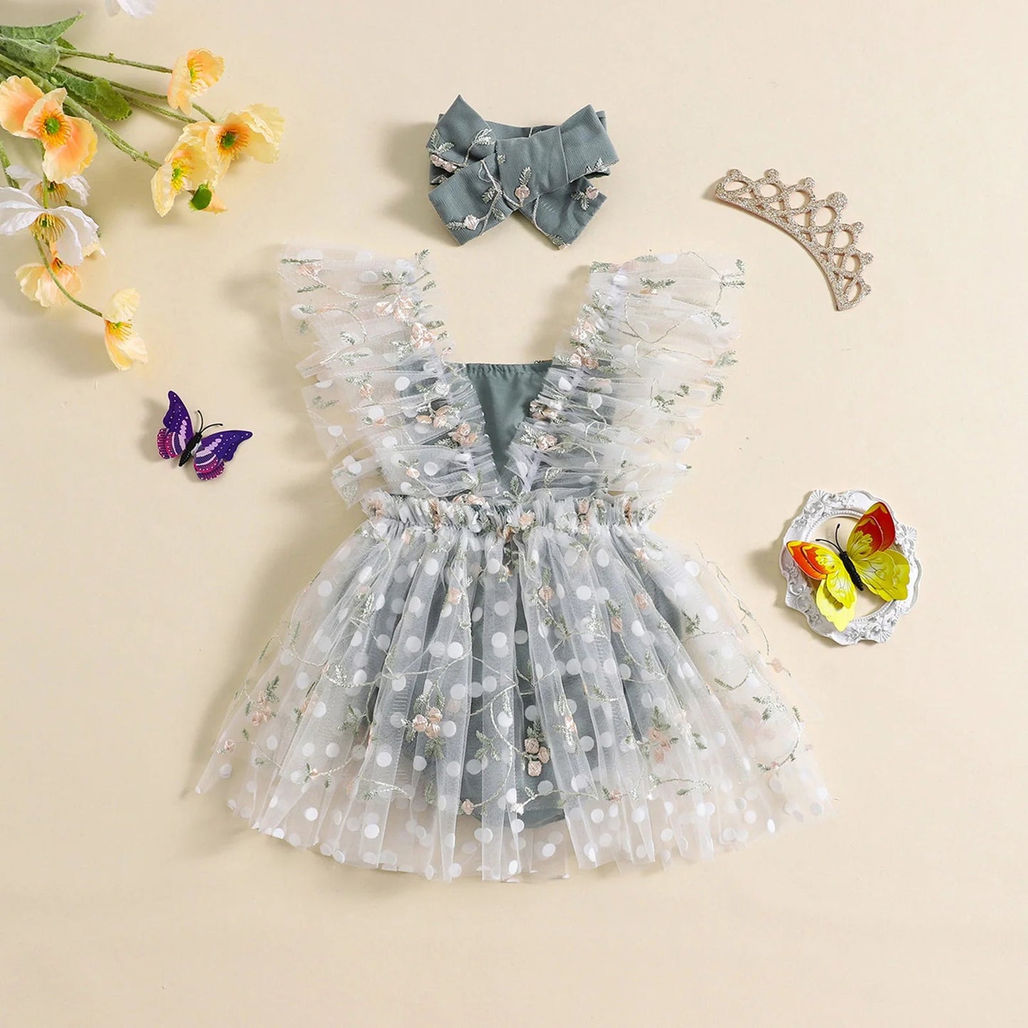 KMK - Grey Lace Floral Ruffle Embroidery Romper + Headband