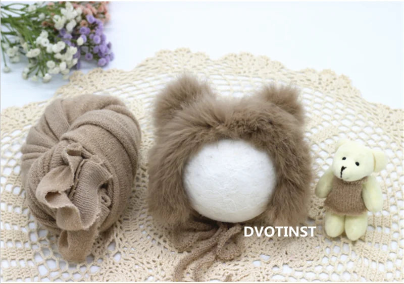 KMK -Hairy Bonnet Bear Doll Soft Wrap 2 or 3 Piece Set